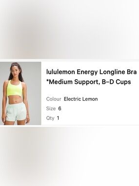 Lululemon Energy Longlinr Bra in Electric Lemon Size 6